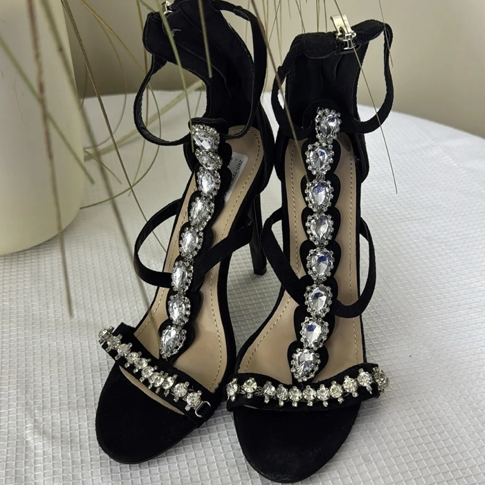 Jacobies Womens Open Toe Ankle Strap Black Crystal Studded Back Zipper Heel 7.5